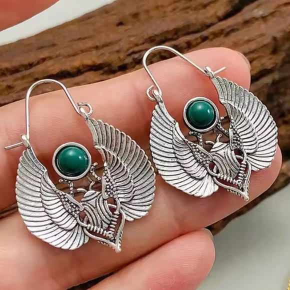 Anthropologie Jewelry - Vintage Egyptian Sacred Wings & Moth Antique Silver Dangle Earrings